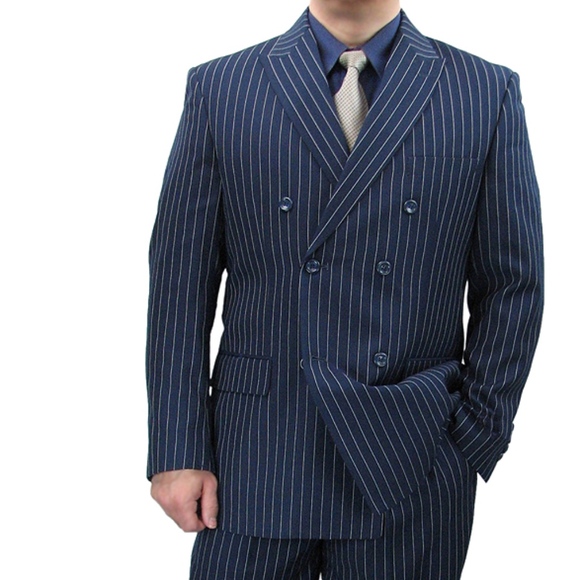 2-Piece Men's Double Breasted Pinstripe Suit-Blue - Picture 2 of 5